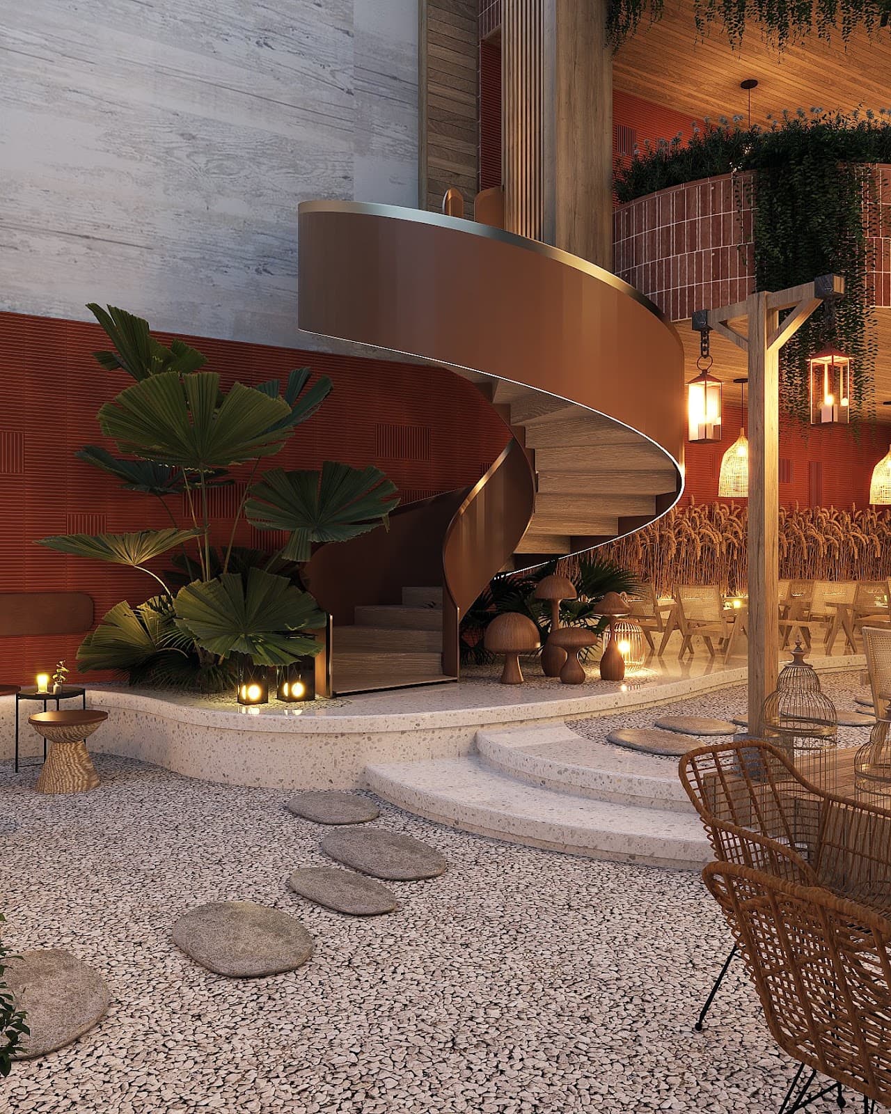 Ultra-modern glass office building interior with organic shapes and floating staircase, golden hour lighting Ultra-modern glass office building interior with organic shapes and floating staircase, golden hour lighting